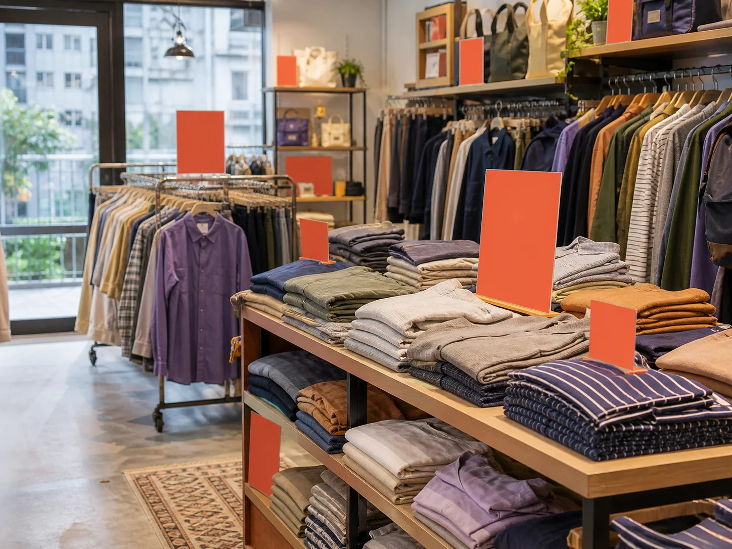 An independent Hong Kong retail shop preparing a clothing clearance display.