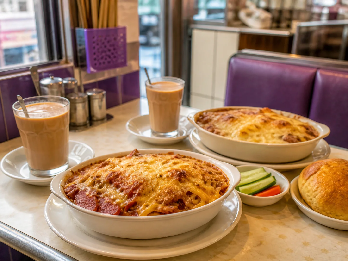 A two-person weekend set with baked rice and milk tea in a Hong Kong cha chaan teng.