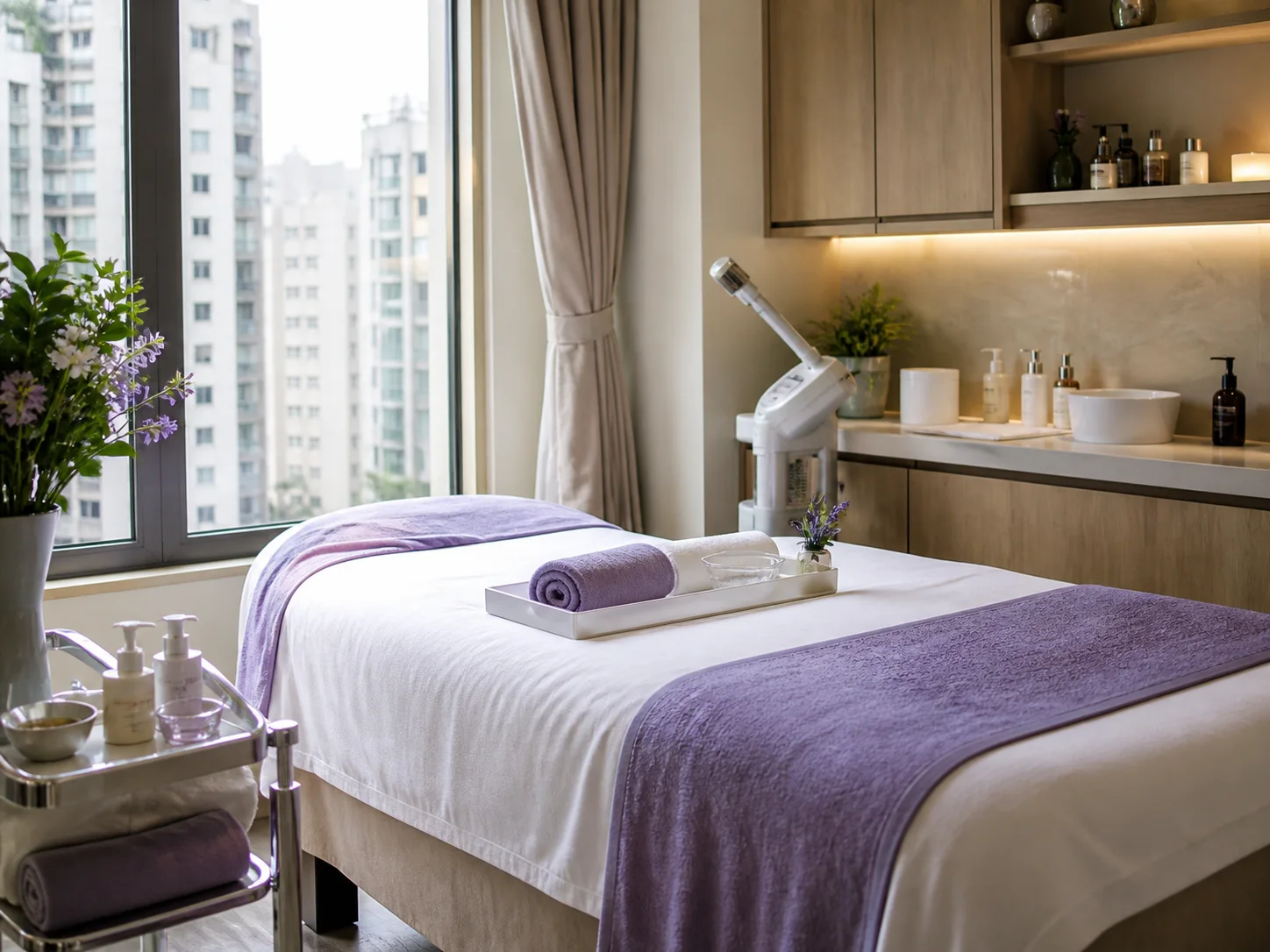 A bright treatment room prepared for a new-customer offer at a Hong Kong beauty salon.