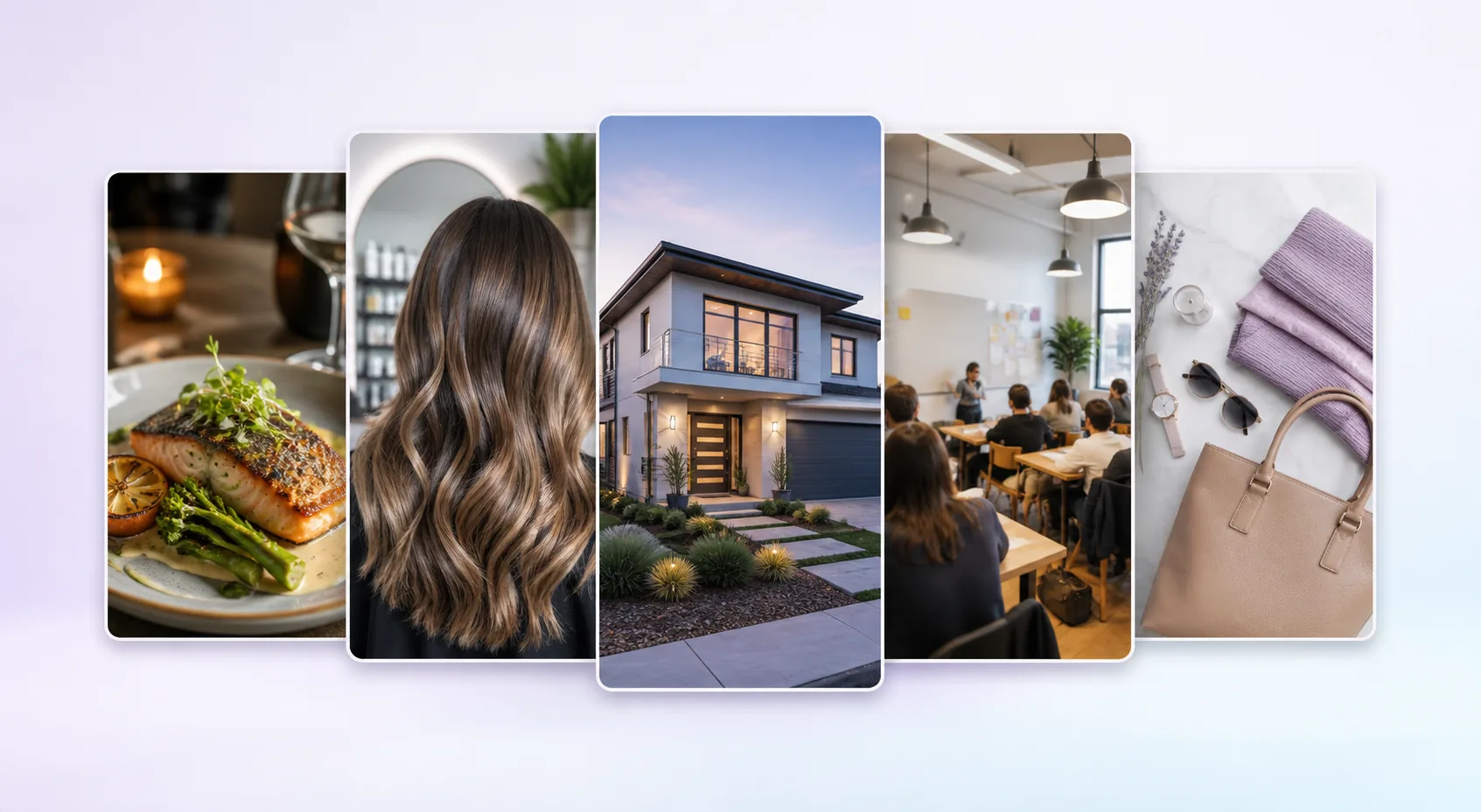 Five sample PromoPilot campaigns showing a restaurant buffet, salon styling, a home listing, a classroom course and a retail sale.