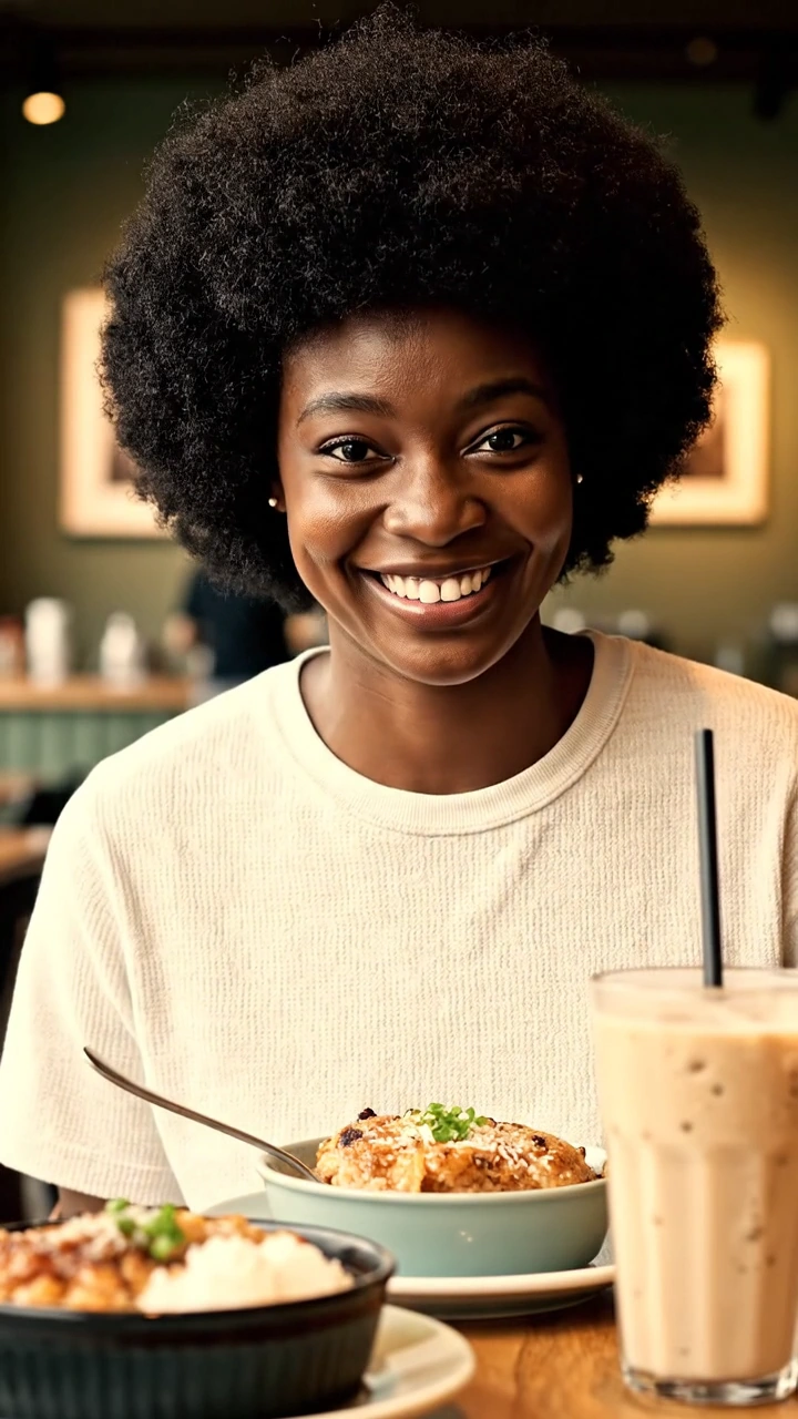 A fictional café host speaking to camera in a social campaign preview.